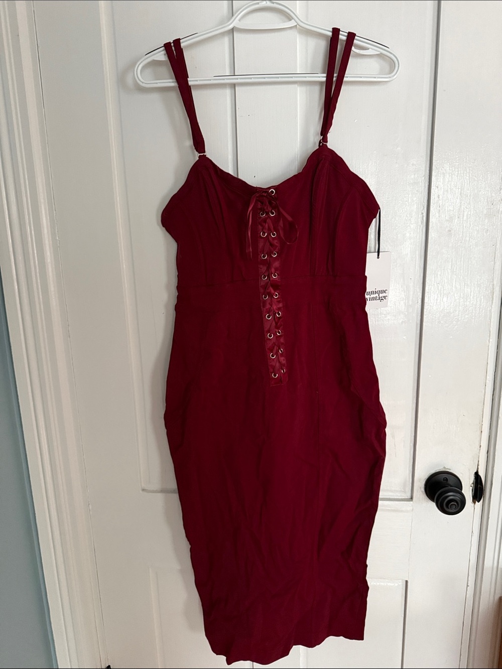 Unique Vintage Burgundy Lace-Up Midi Dress
